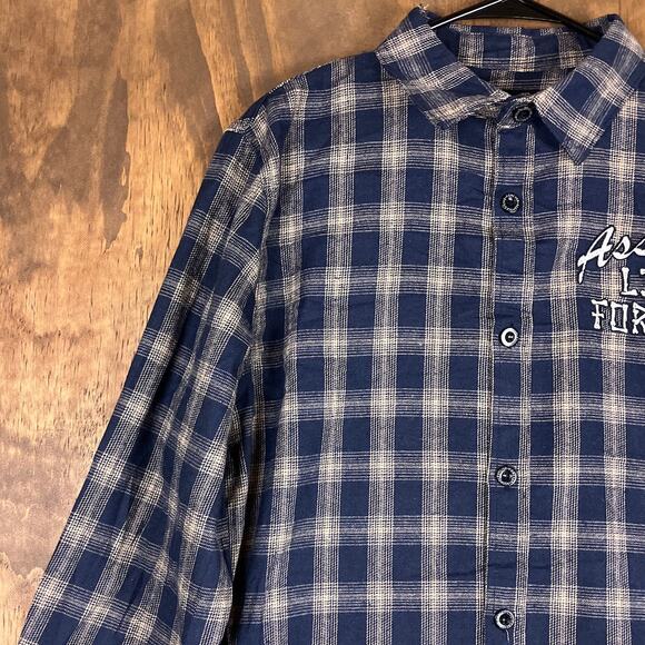 A$$holes Live Fovrever Mens Shirt Navy Beige Plaid Button Down Cotton Blend L - Picture 4 of 12